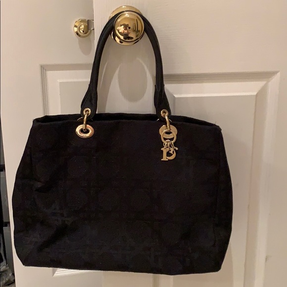 Christian Dior blk canvas tote w/ leather handles - Picture 1 of 6